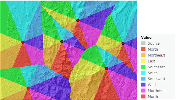 Source direction map identifying the straight line direction back to the cheapest source Source direction map identifying the straight line direction back to the cheapest source